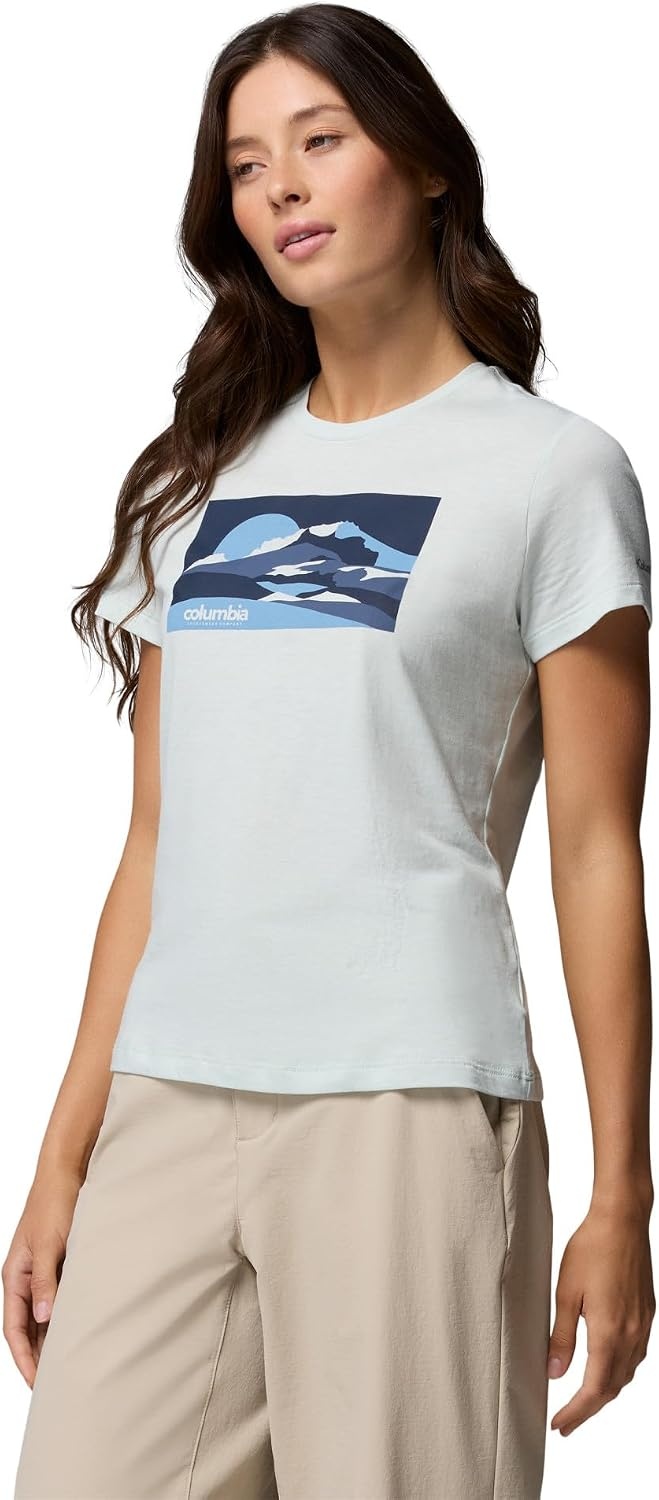 image:imageColumbia Damen Ruby Springs Graphic Fitted Short Sleeve Kurzrmeliges TShirt 1er PackTea Light Moonlit Hillscape