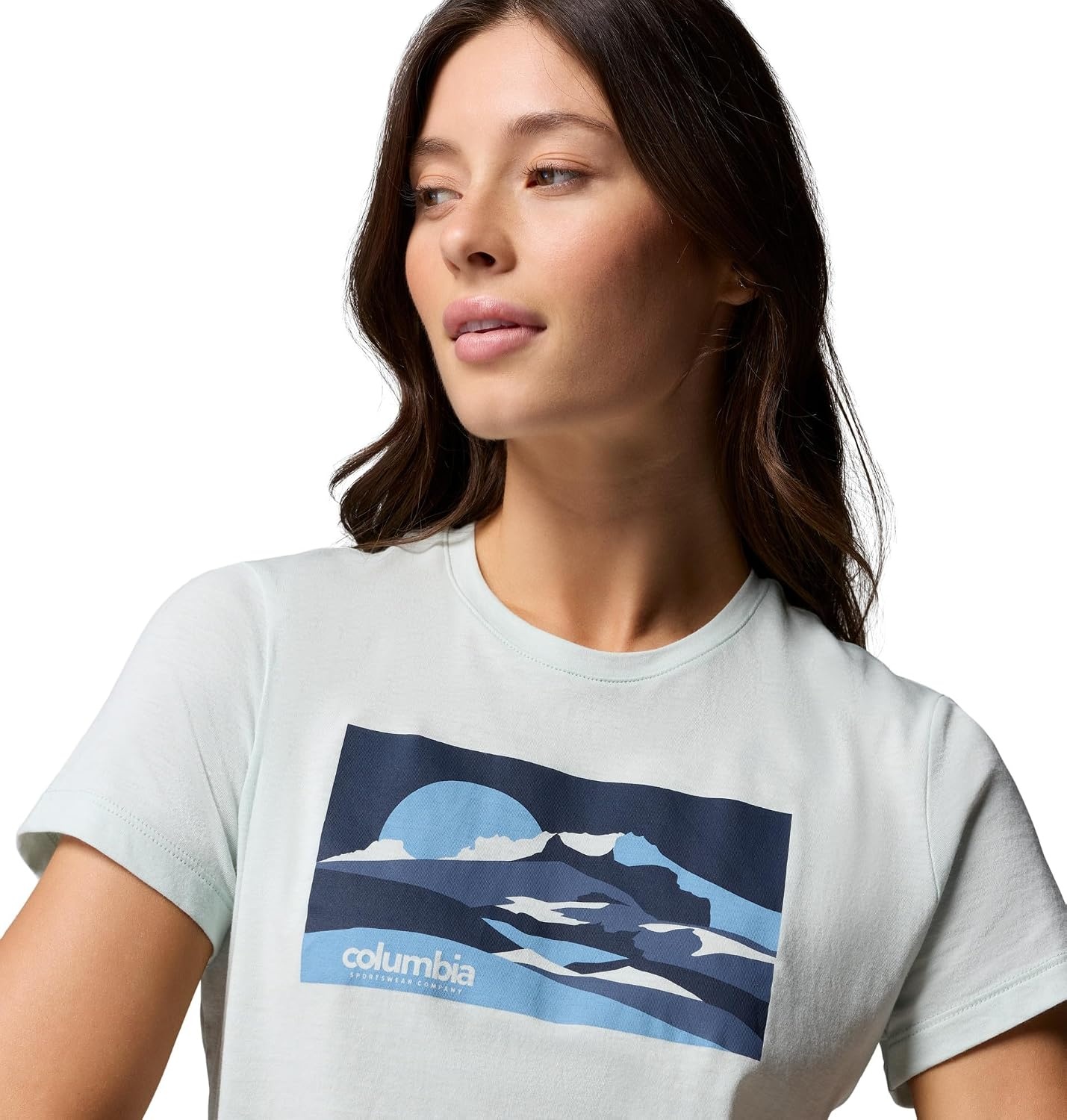 image:imageColumbia Damen Ruby Springs Graphic Fitted Short Sleeve Kurzrmeliges TShirt 1er PackTea Light Moonlit Hillscape